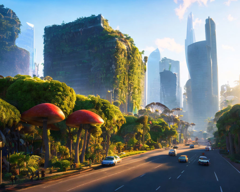 Futuristic cityscape with skyscrapers, greenery, mushrooms, and cars