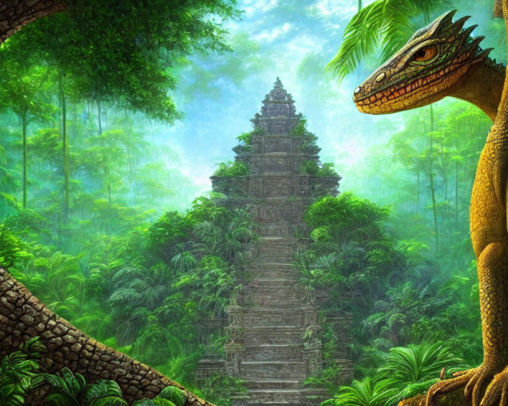 Colorful Jungle Scene with Animated Dinosaur and Ancient Tree in Mysterious Temple Setting