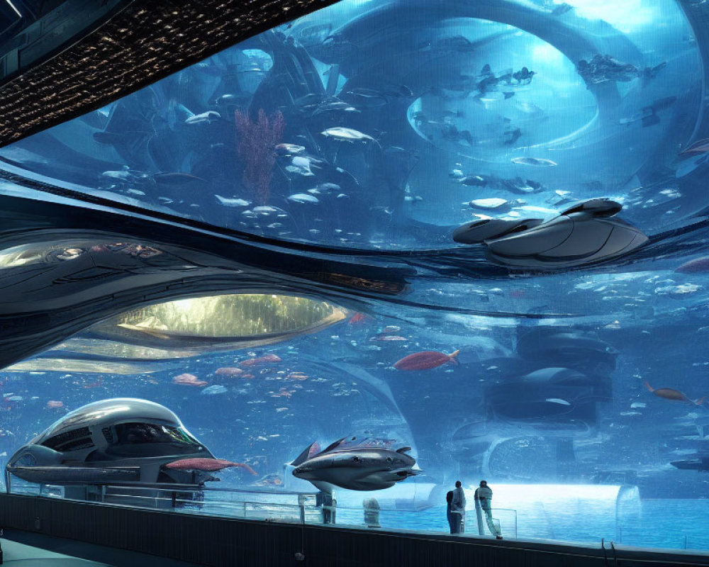 Futuristic underwater facility with vibrant aquatic ecosystem