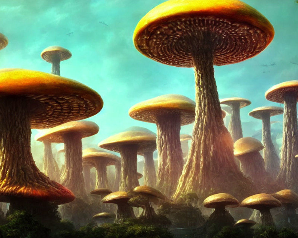 Fantastical forest with oversized mushroom-like trees and flying creatures