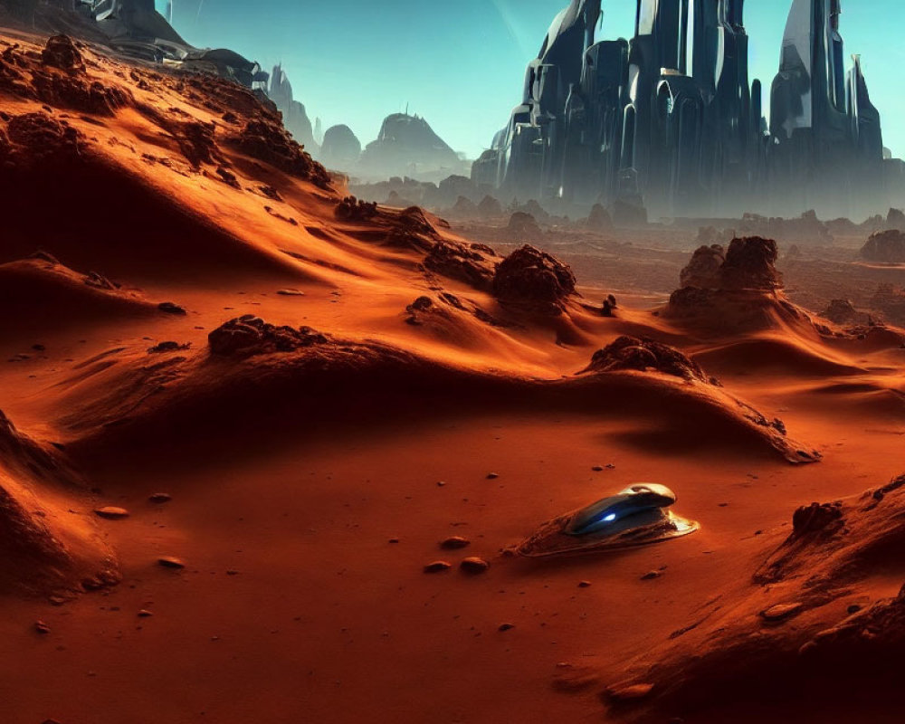 Futuristic city and spacecraft on red Martian-like landscape