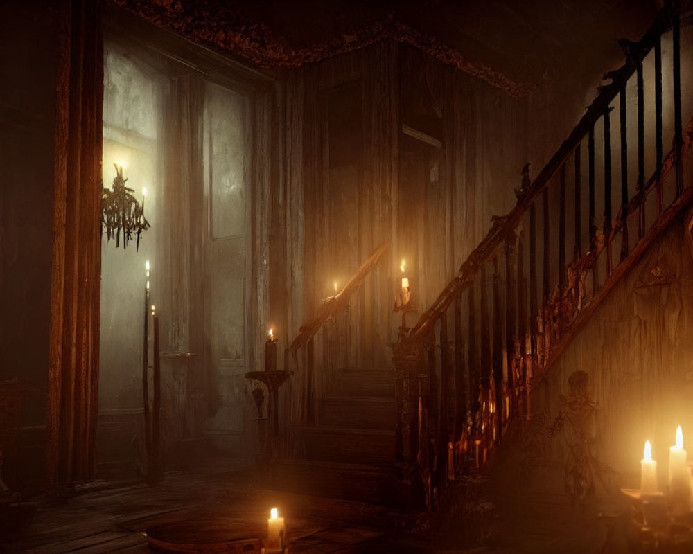 Eerie room with wooden staircase and flickering candlelight