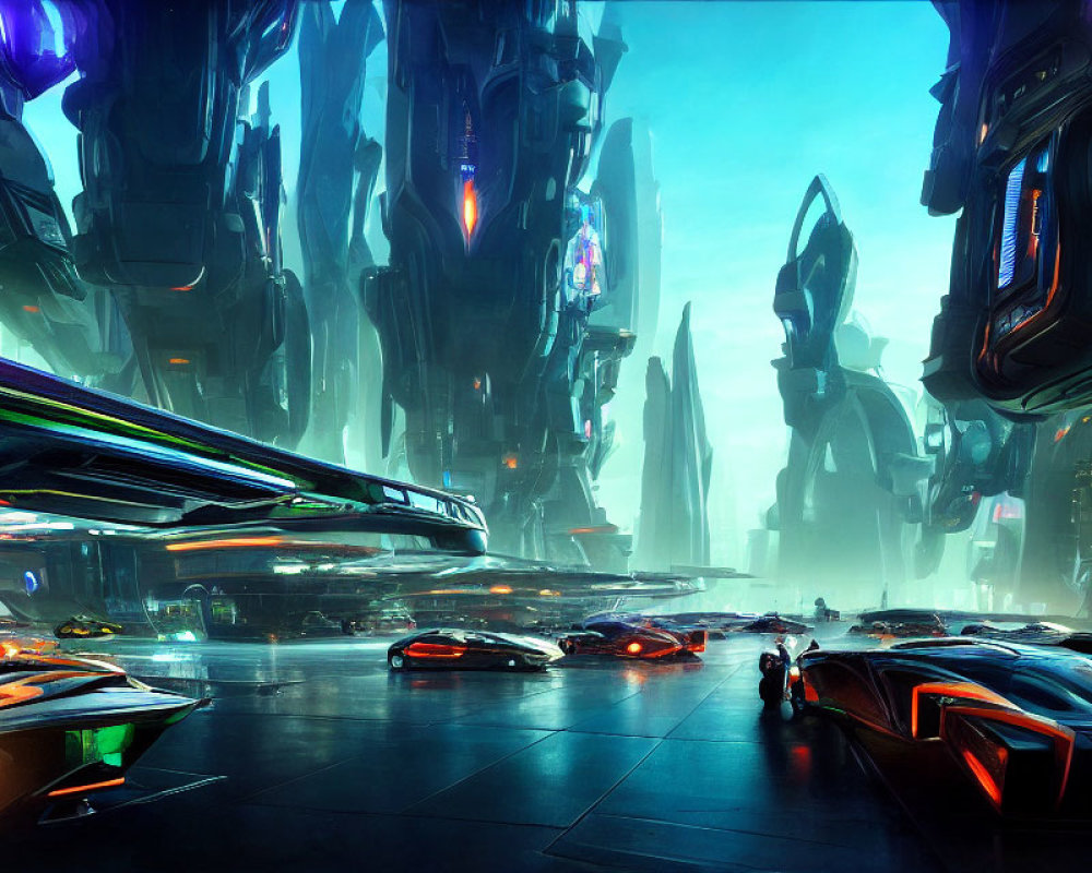 Futuristic cityscape with towering structures and neon signs