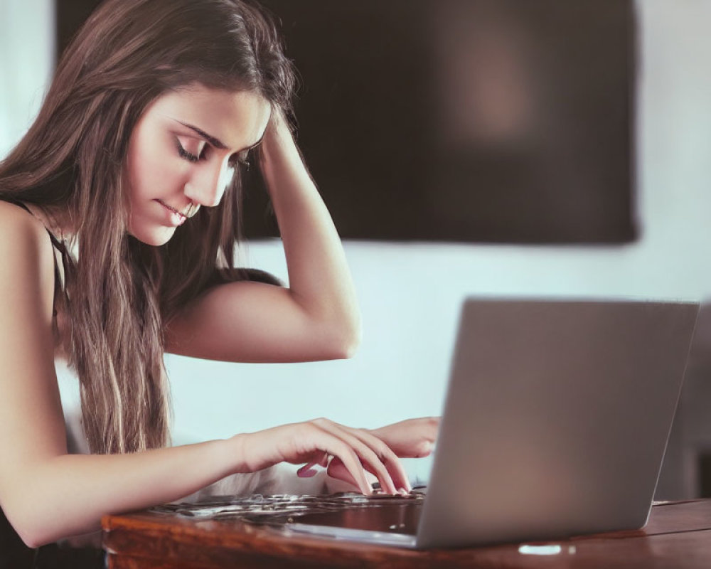 Young woman typing on laptop at wooden table