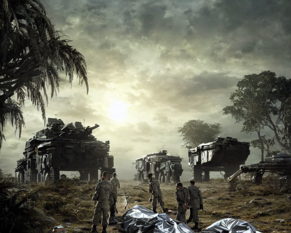 Military soldiers in desolate battlefield with armored vehicles and body bags under hazy sky