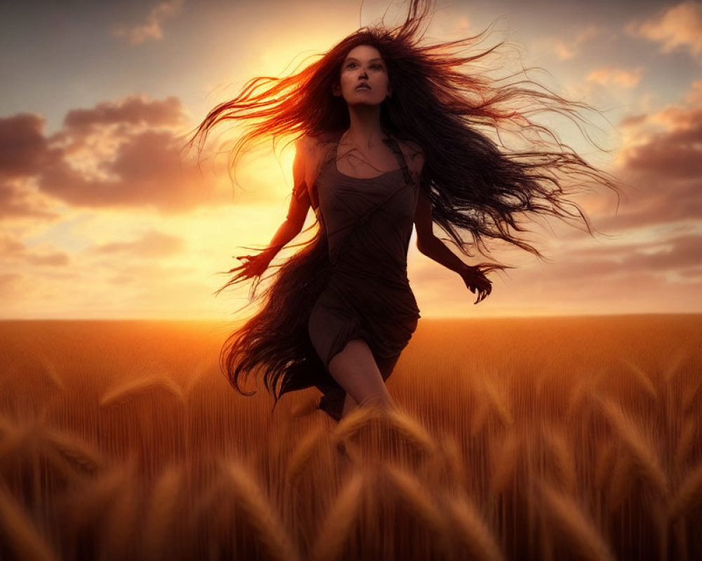 Woman Running in Golden Wheat Field at Sunset