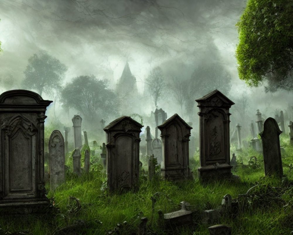 Foggy graveyard with ornate tombstones under gloomy sky