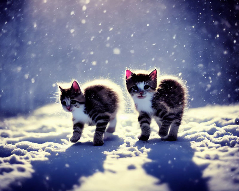 Two kittens with unique markings walking in snowfall under soft light