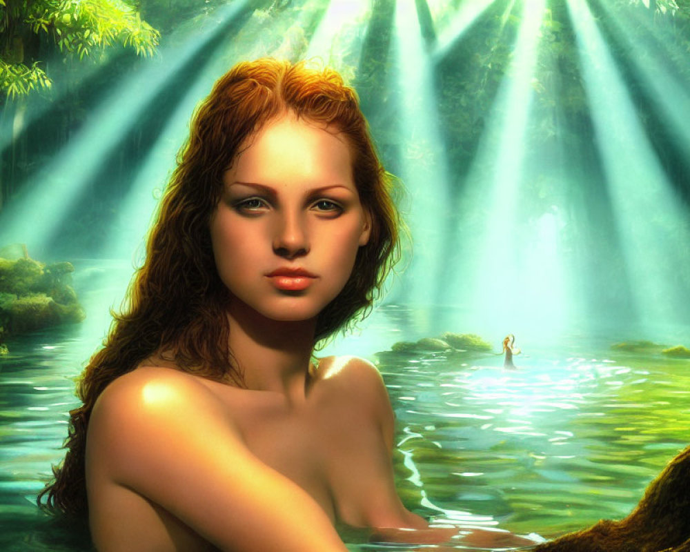 Digital artwork: Red-haired woman by forest pond in ethereal sunlight