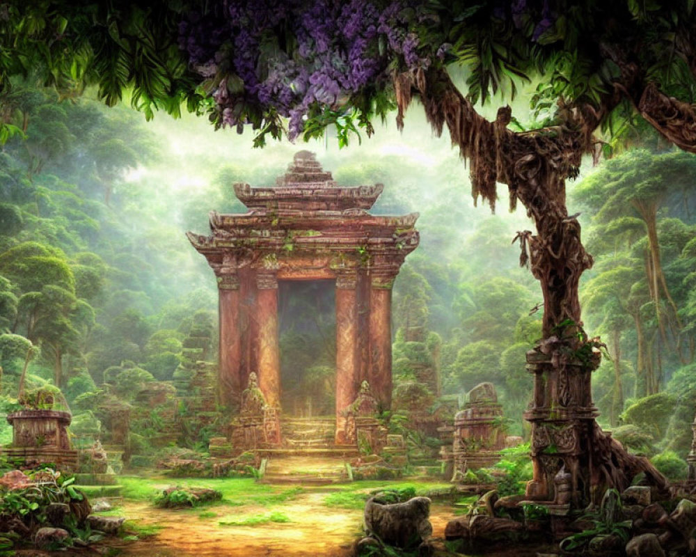 Ancient temple gate surrounded by lush jungle foliage