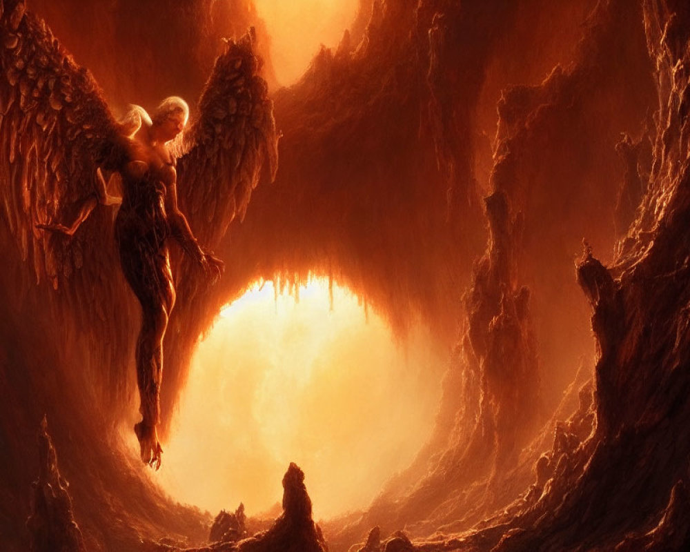 Majestic angel with fiery wings in epic fantasy landscape