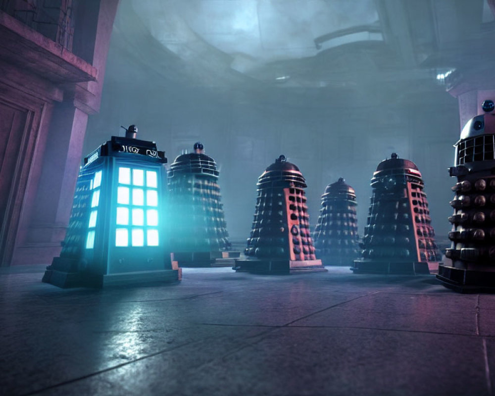 Daleks encircle TARDIS in dimly lit, gothic room