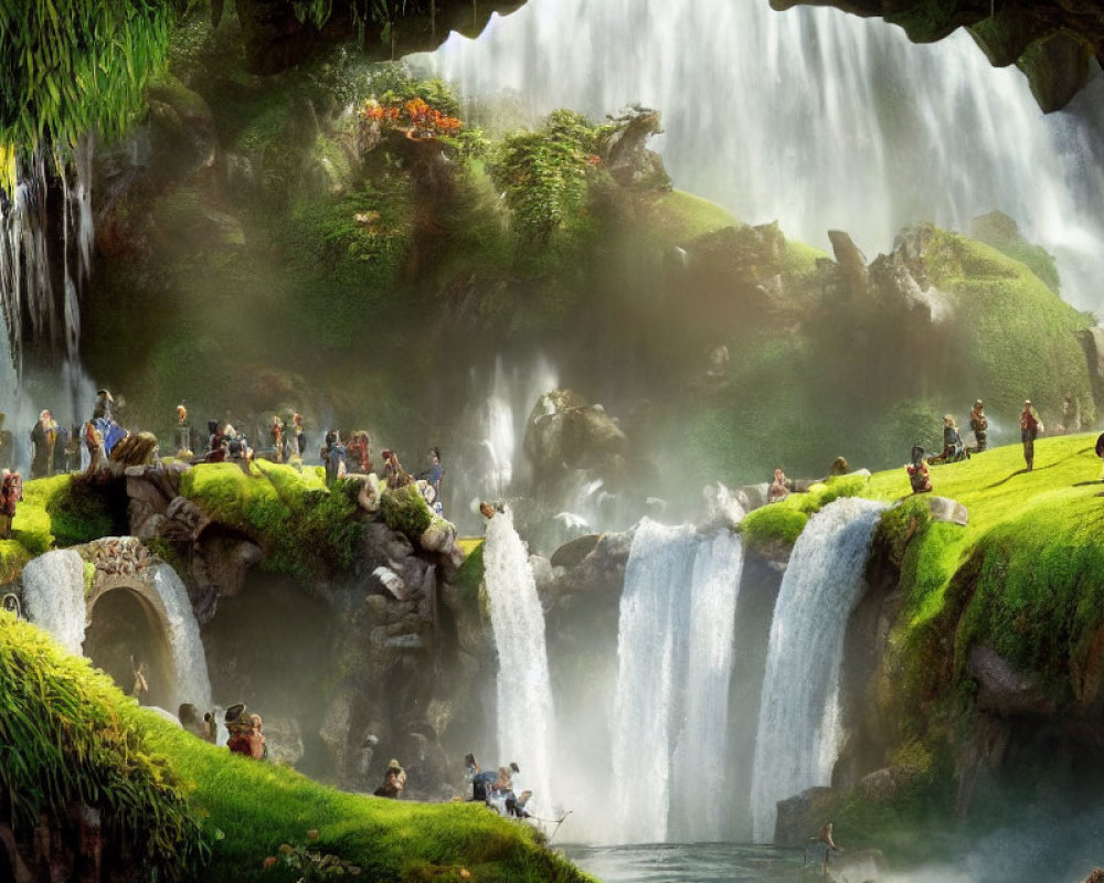 Fantasy landscape with waterfalls, stone bridge, and people in serene nature