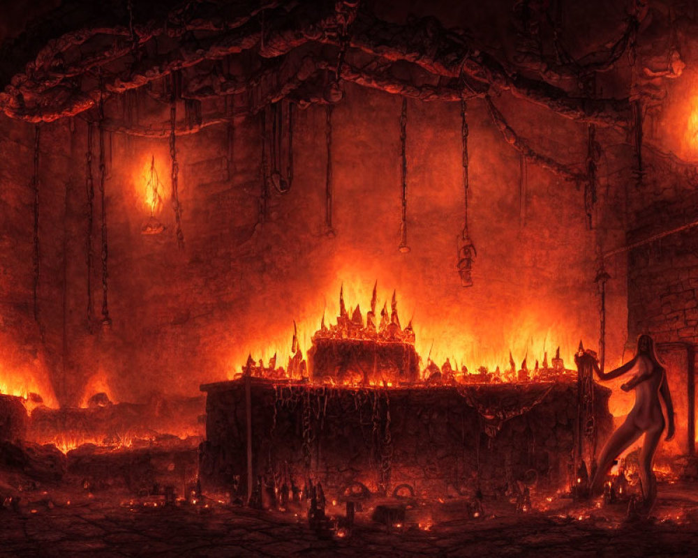 Fiery cavern with glowing structure and lava chains