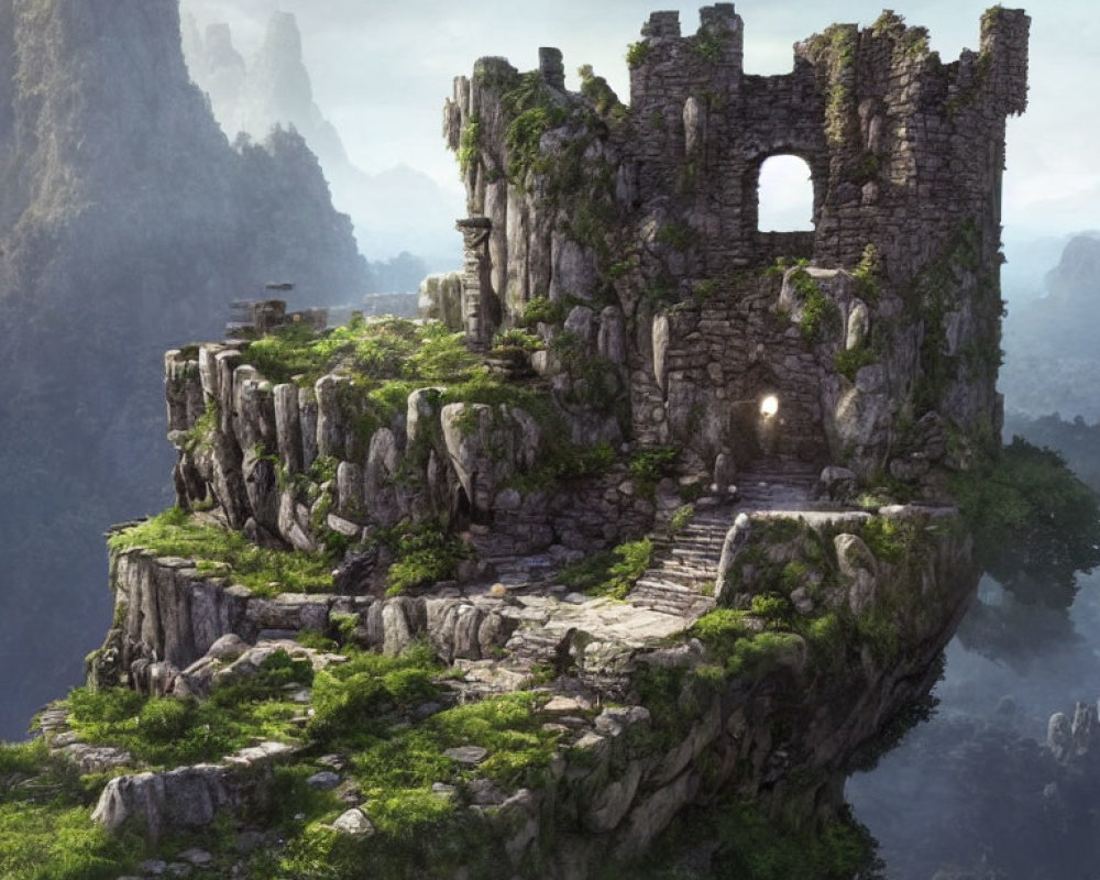 Ancient stone castle ruins on cliff with misty mountains.