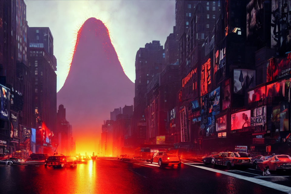 Surreal cityscape with erupting volcano at dusk