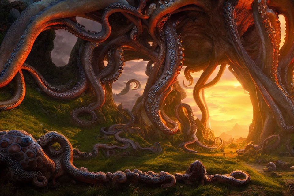 Fantastical landscape with giant octopus tentacles at sunset