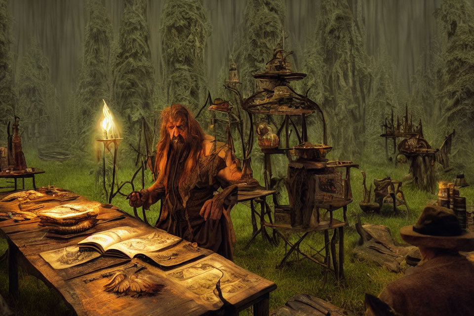 Bearded person in medieval attire studying book in candlelit forest