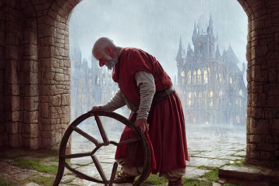 Elderly man in medieval attire holding a wheel near gothic archway in the rain