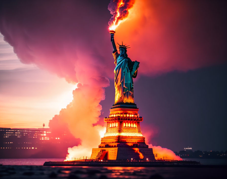 Iconic monument silhouette against fiery sunset with dramatic clouds.