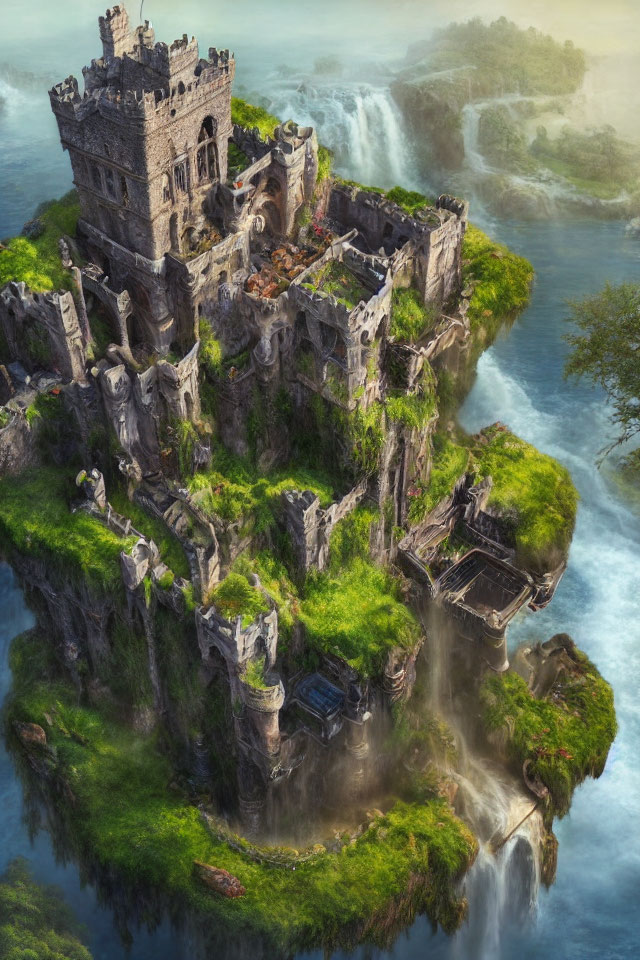 Ancient castle ruins on isolated cliff with waterfalls & rivers