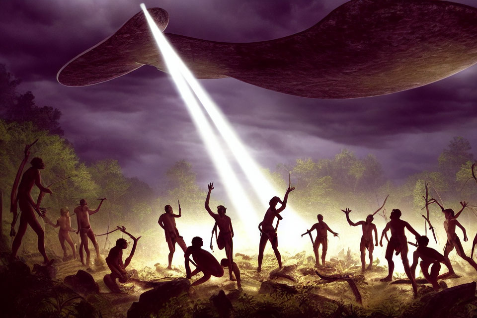 Primitive humans in misty forest under UFO light beam