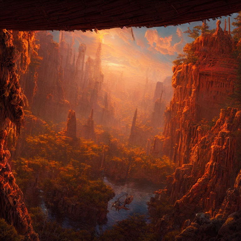 Ethereal landscape with red rock formations, lush greenery, river, and soft sunlight.