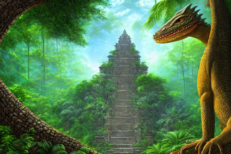 Colorful Jungle Scene with Animated Dinosaur and Ancient Tree in Mysterious Temple Setting