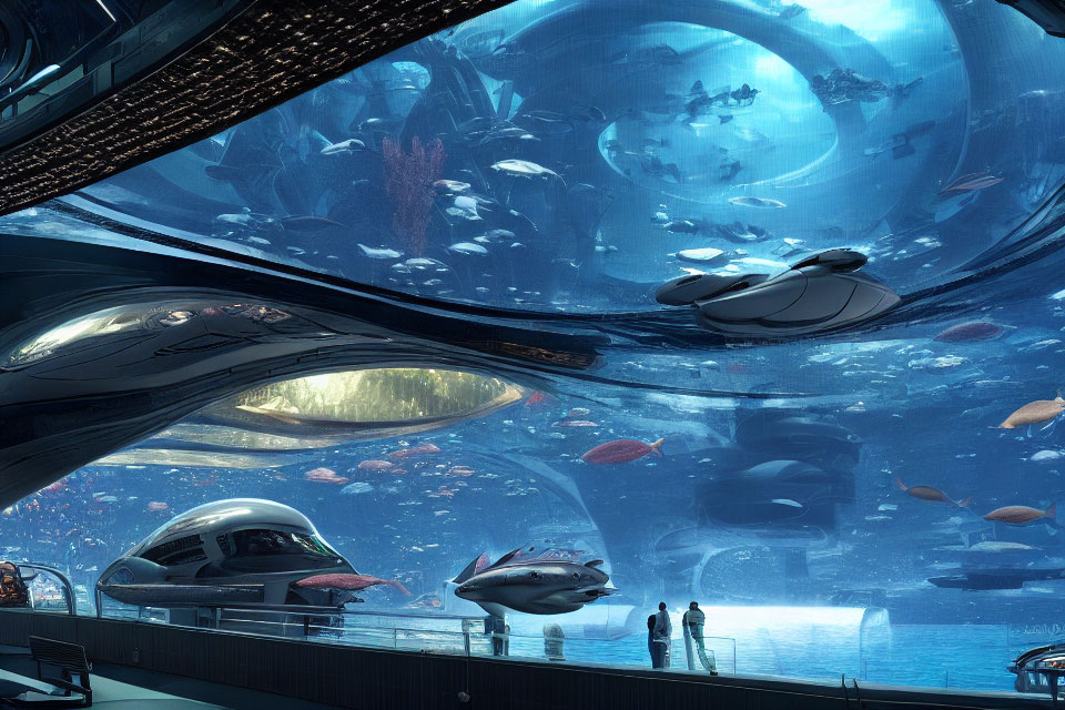 Futuristic underwater facility with vibrant aquatic ecosystem