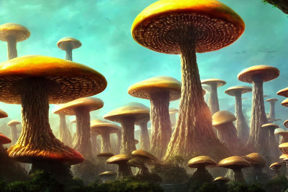 Fantastical forest with oversized mushroom-like trees and flying creatures