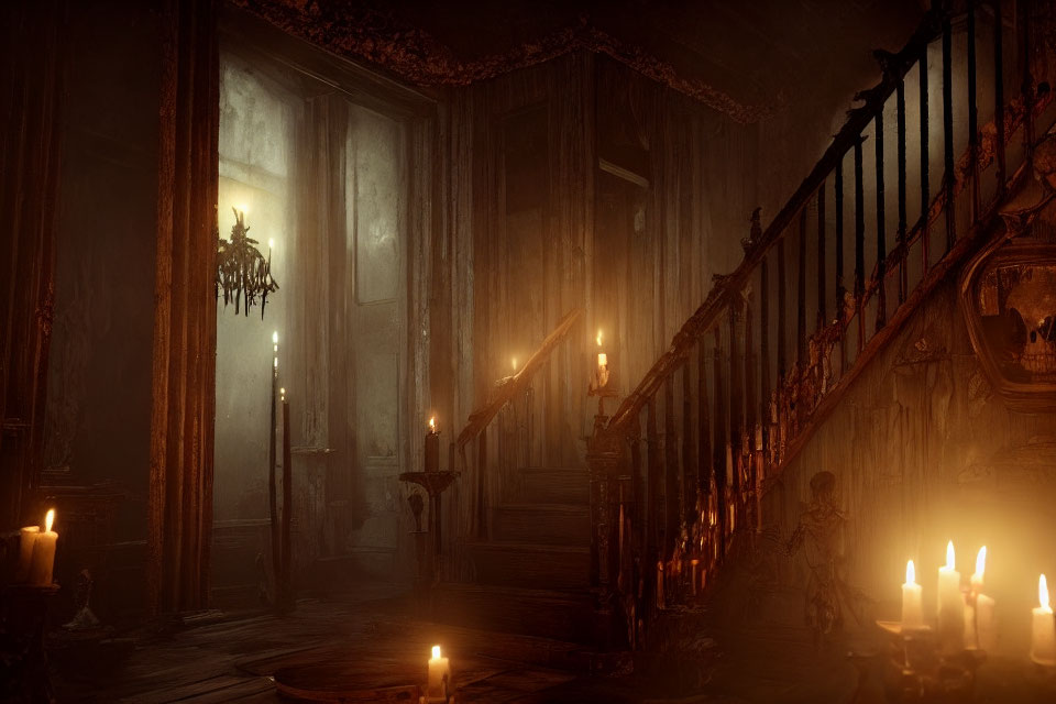 Eerie room with wooden staircase and flickering candlelight