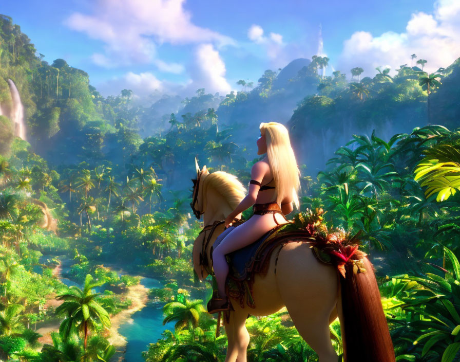 Blonde-haired female character riding horse in lush jungle valley