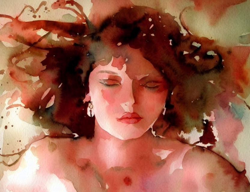 Portrait of person with closed eyes and flowing hair in abstract watercolor art