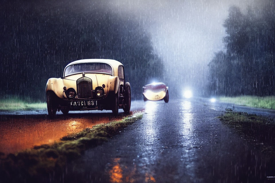 Classic Car with Exposed Engine in Rainy Night Scene