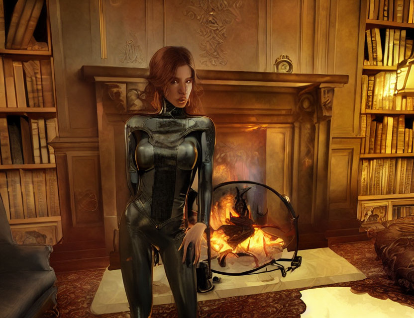 3D-rendered image of woman in black outfit by fireplace in elegant room