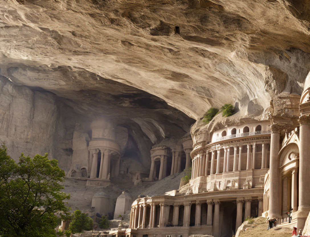 Ancient rock-cut architectural facade with columns in a cave lit by sunlight