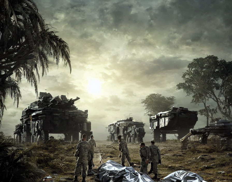 Military soldiers in desolate battlefield with armored vehicles and body bags under hazy sky