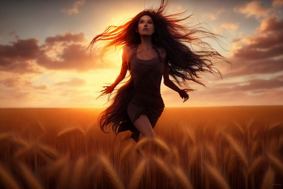 Woman Running in Golden Wheat Field at Sunset