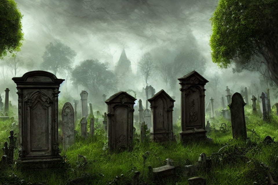 Foggy graveyard with ornate tombstones under gloomy sky