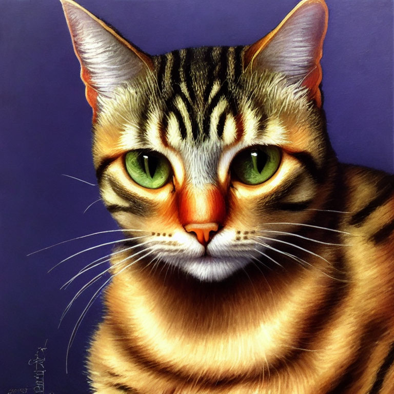 Hyper-realistic painting: Striped cat with green eyes on purple background