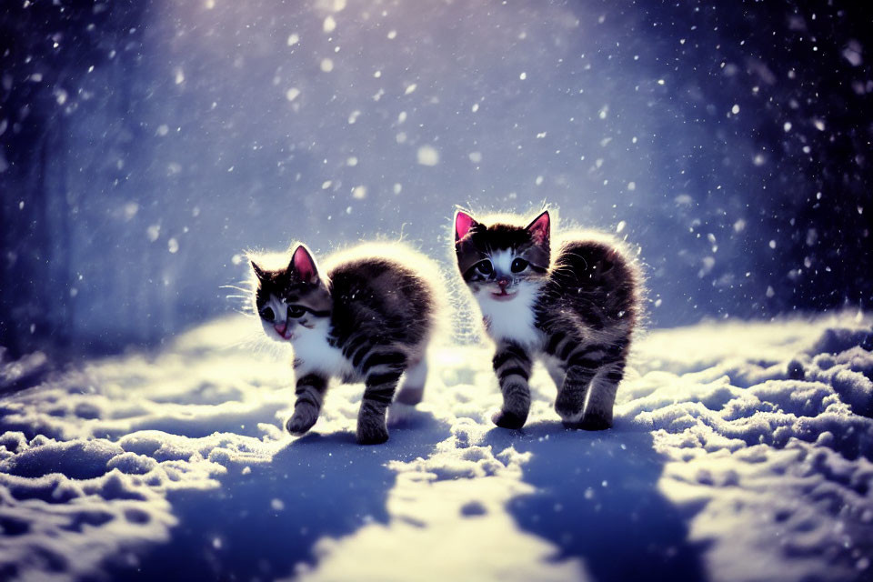 Two kittens with unique markings walking in snowfall under soft light