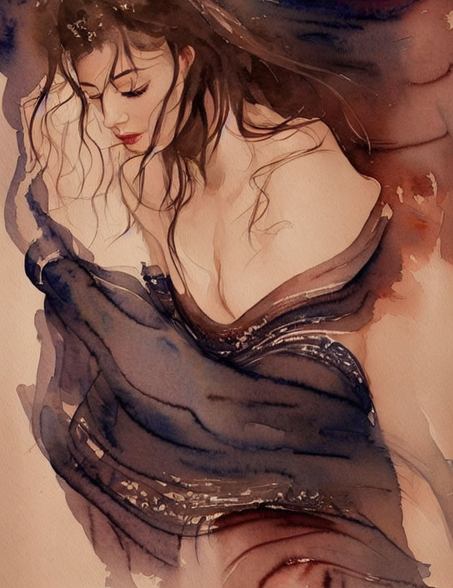 Woman in Blue Garment Watercolor Painting with Earthy Tones