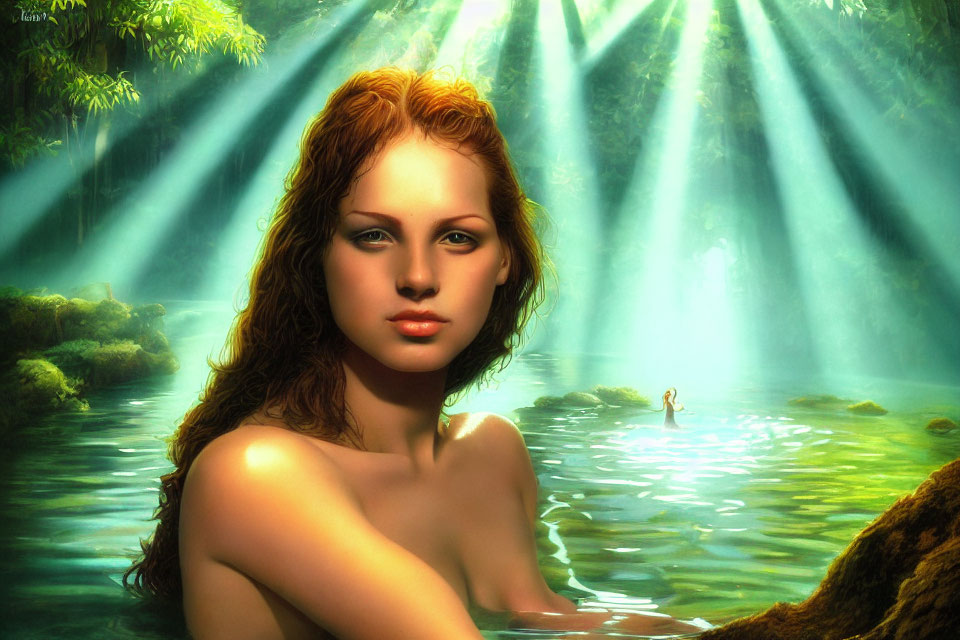 Digital artwork: Red-haired woman by forest pond in ethereal sunlight