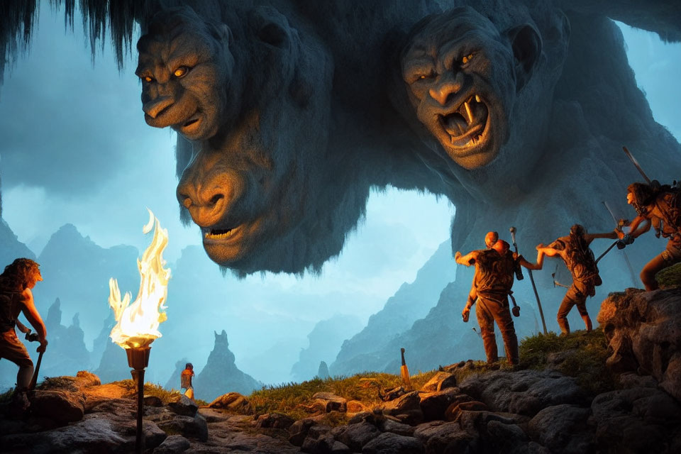 Warrior-like animated characters face giant spectral lion faces in misty cave setting