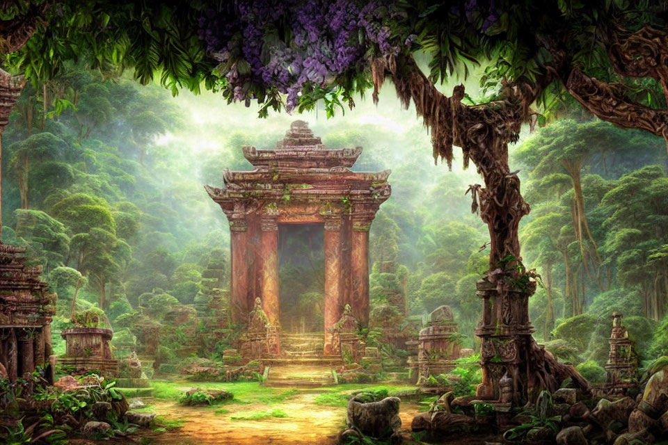 Ancient temple gate surrounded by lush jungle foliage