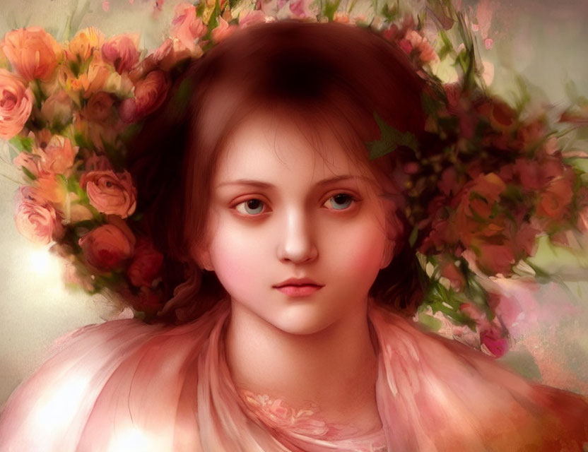 Ethereal young woman surrounded by pink and orange flowers