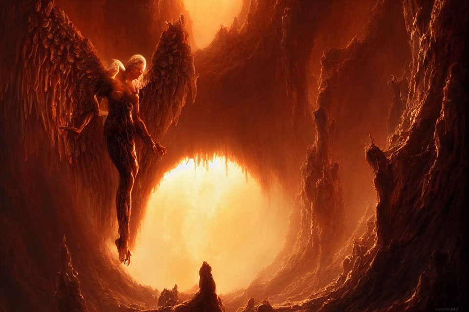 Majestic angel with fiery wings in epic fantasy landscape