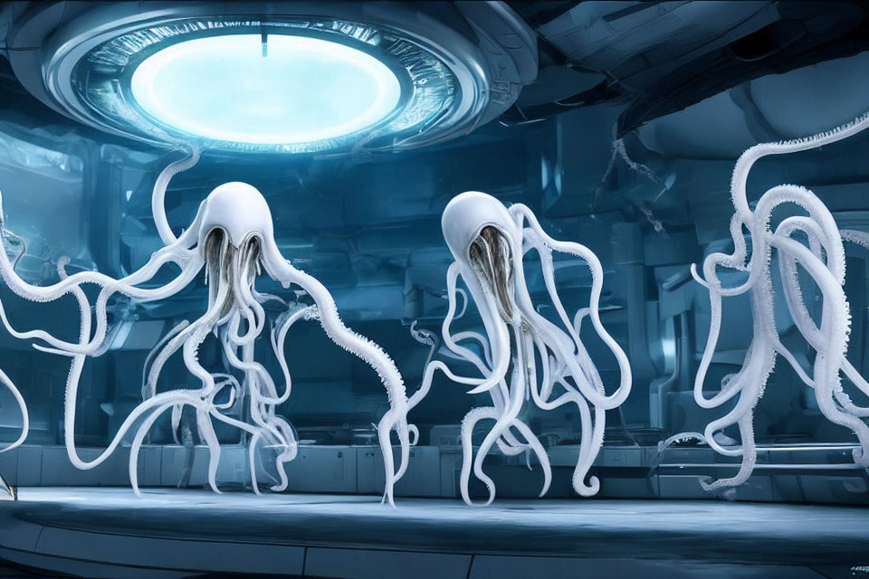 Futuristic laboratory with large floating jellyfish-like creatures