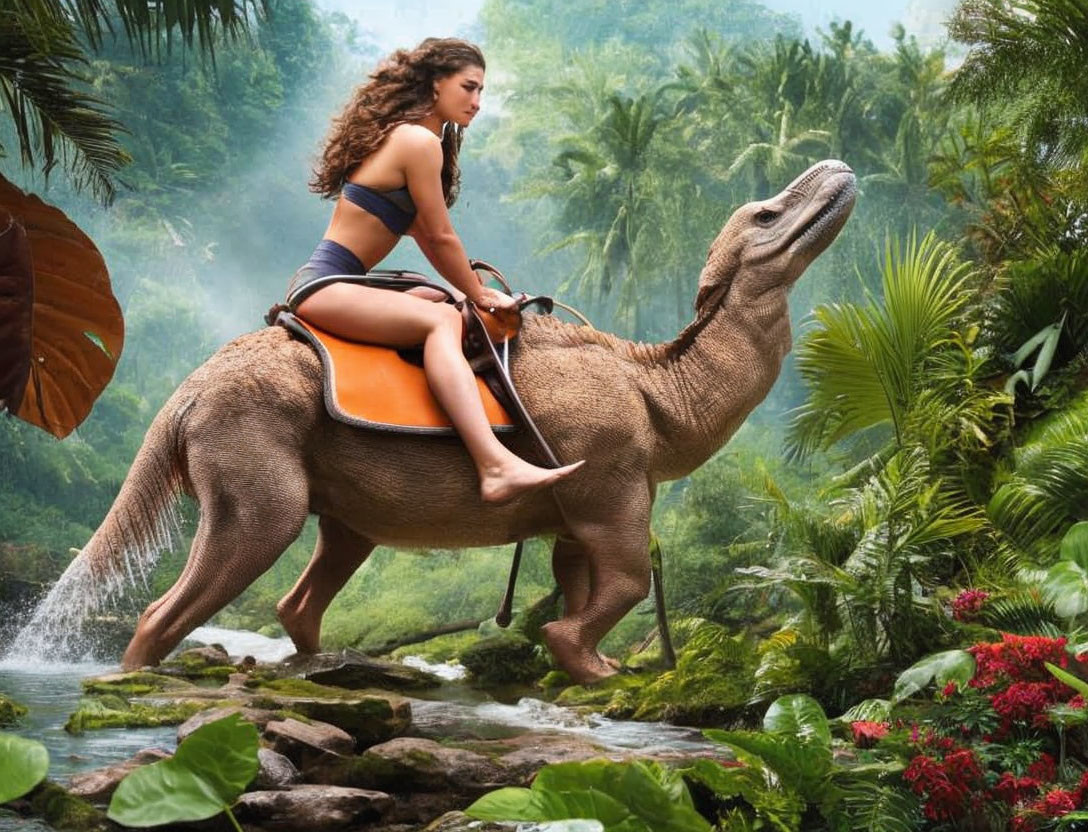 Woman in sportswear riding dinosaur through lush jungle with waterfall