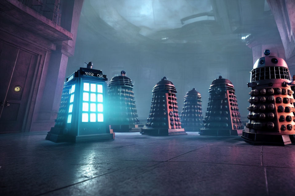 Daleks encircle TARDIS in dimly lit, gothic room